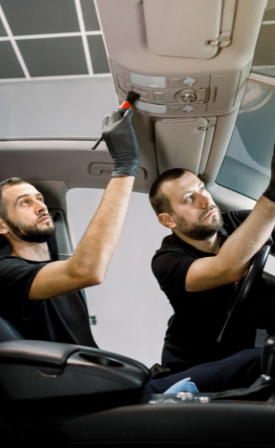 a person in black gloves cleaning the interior of a car